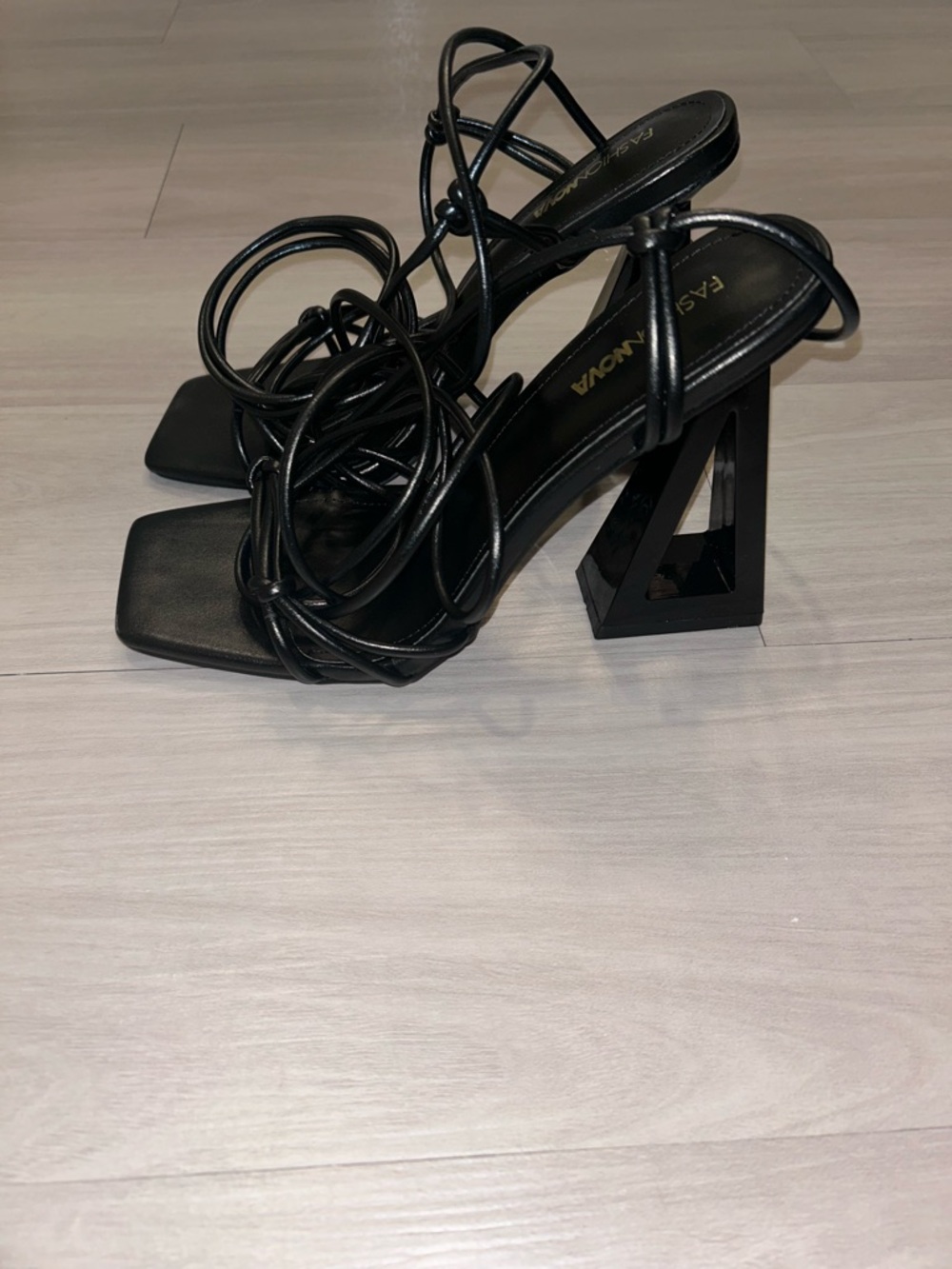 Fashion Nova Black Lace-Up Strappy Square Toe Heels - Picture 3 of 4